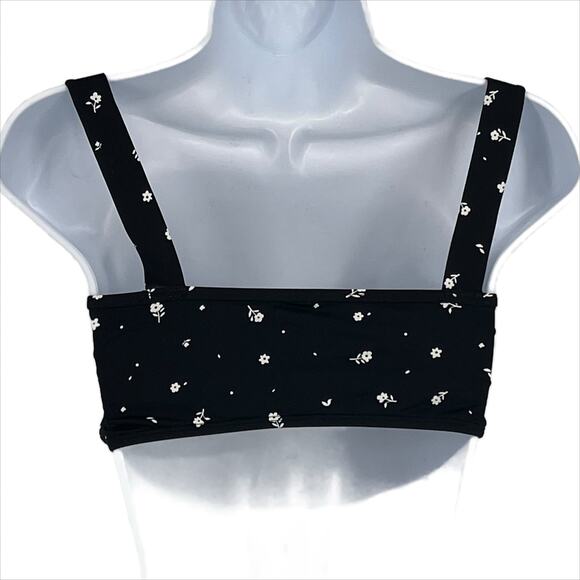 Bandeau Bikini Swimsuit Top in Black with White Floral Size Small - Picture 2 of 5